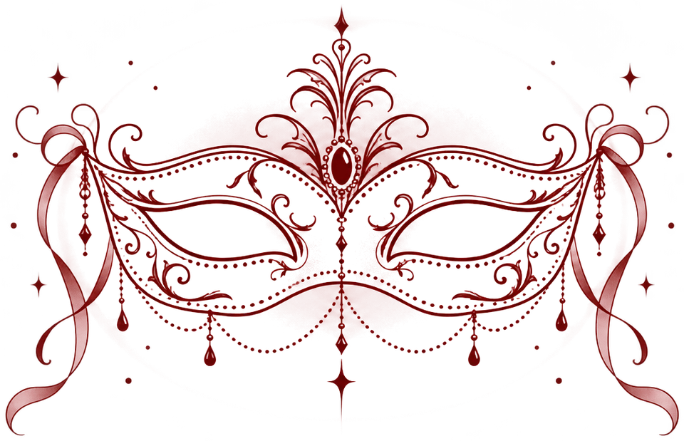 Ornate red filigree masquerade mask with ribbons and a ruby centre jewel